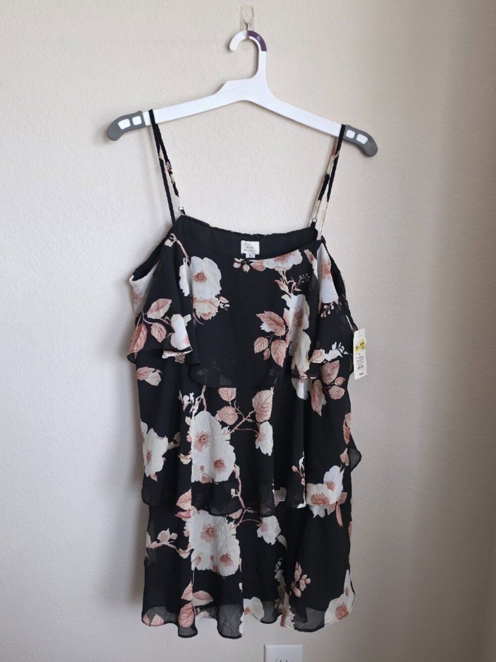 A New Day Tiered Ruffle Mini Shift Dress Black with Pink Floral Print NWT XL